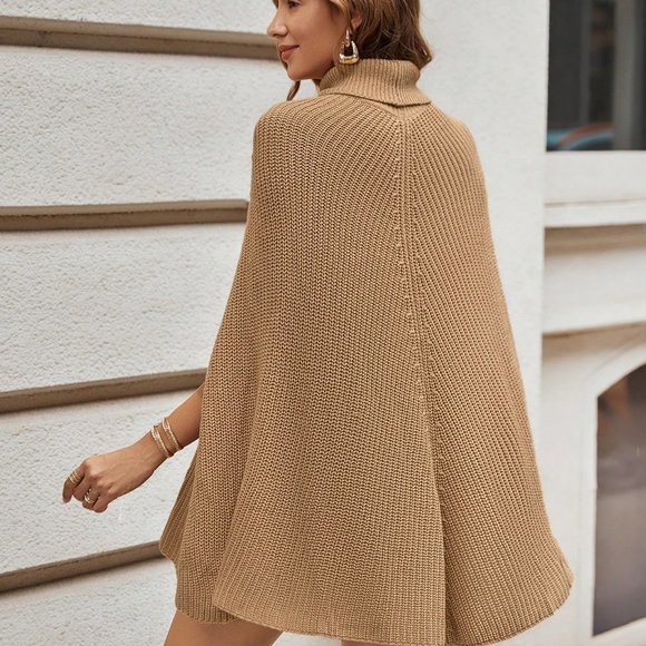 PASSION Turtleneck Button Detail Cloak Sleeve Knit Poncho - Picture 5 of 10